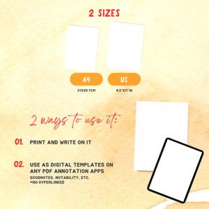 May include: Image showing two white rectangular sheets of paper, one labeled A4 (21x29.7cm) and the other US (8.5x11in). Text indicates two usage methods: print and write, or use as digital templates on PDF annotation apps.