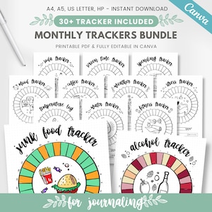30+ Monthly trackers bundle, circle journal trackers with doodles, monthly habit tracker, printable planner trackers, editable template