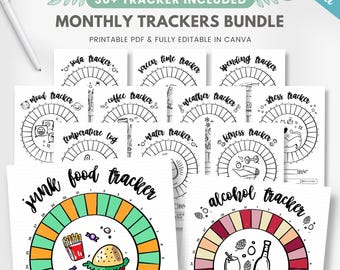 30+ Monthly trackers bundle, circle journal trackers with doodles, monthly habit tracker, printable planner trackers, editable template