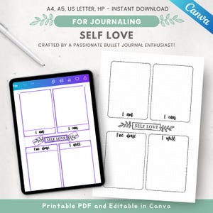 Peut inclure: Un modèle de journal numérique sur l'amour de soi sur fond blanc. Le modèle comprend des sections intitulées « Je suis », « Je peux », « J'ai fait » et « Je ferai ». Les mots « Self Love » sont dans une bannière. Téléchargement instantané.