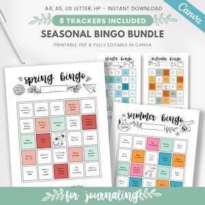 Saisonale Bingokarten, Winter Herbst Sommer Frühling Bingo, Jahreszeiten To Do Liste, saisonale Bucket List, druckbare Planereinlage, bearbeitbare Vorlage