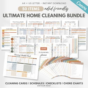 May include: An Ultimate Home Cleaning Bundle with 50 items, including cleaning cards, schedules, checklists, and chore charts. The bundle is ADHD-friendly and available for instant download. The design includes a variety of colourful charts and checklists.