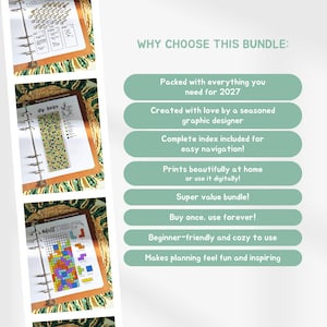 May include: A digital planner bundle featuring three ring-bound pages with trackers for steps and games. The text on the right side reads: WHY CHOOSE THIS BUNDLE: Packed with everything you need for 2027, Created with love by a seasoned graphic designer, Complete index included for easy navigation!, Prints beautifully at home or use it digitally!, Super value bundle!, Buy once, use forever!, Beginner-friendly and cozy to use, Makes planning feel fun and inspiring.
