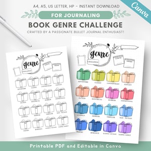 May include: A printable book genre challenge tracker with a black and white outline of a book for each genre. The genres include adventure, classic, contemporary, fantasy, fiction, historical, horror, inspirational, literary, memoir, thriller, non-fiction, poetry, romance, science fiction, and young adult. The tracker is designed for bullet journaling and is editable in Canva.