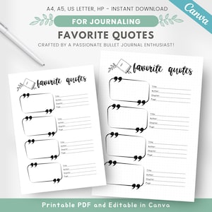 Favorite quotes tracker, book quotes log, PRINTABLE & EDITABLE reading journal page, quotes journal page, book planner insert