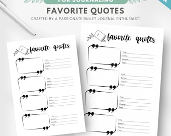 May include: Printable journal page template with a black and white design featuring a book and quote marks. The page is titled "Favorite Quotes" and includes spaces to write down the title, author, chapter, and page number of quotes.
