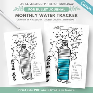 May include: A printable water tracker for bullet journaling. The design features a black and white illustration of a water bottle with a splash of water. The tracker includes a section for recording daily water intake in ounces.