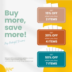 May include: A promotional graphic with the text Buy more, save more! My Midnight Dreams. Three rectangular boxes in tan, orange, and teal display discount offers: 15% off 2 items, 30% off 4 items, and 50% off 7 items. Small text notes discount details.