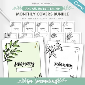 Op de afbeelding: Een set van 12 afdrukbare maandelijkse planner-kaften met een bloemenontwerp met zwarte contouren en groene bladeren. De kaften zijn ontworpen voor journalen en zijn volledig bewerkbaar in Canva. De tekst "MONTHLY COVERS BUNDLE" staat bovenaan de afbeelding.