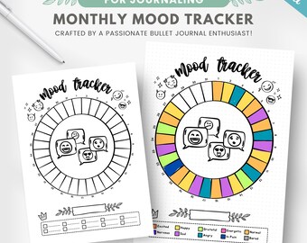 Può includere: Due pagine stampabili per il monitoraggio mensile dell'umore. Le pagine presentano un design circolare con spazi per il monitoraggio quotidiano dell'umore e includono il testo "Monthly Mood Tracker" e "For Journaling". Le pagine sono progettate per essere modificate in Canva.