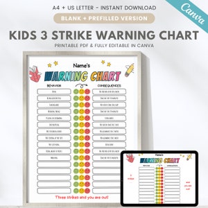 Grafico comportamentale modificabile per bambini, grafico di avvertenza 3 colpi, gestione del comportamento infantile, grafico delle conseguenze delle azioni, monitoraggio del comportamento, canva