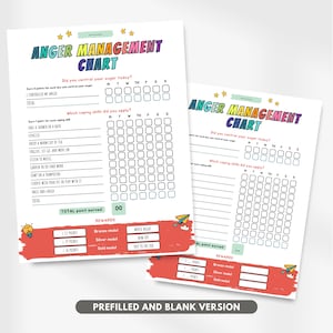 May include: Two printable anger management charts with colorful borders and illustrations. The charts include a daily checklist for controlling anger and a list of coping skills to practice. The charts also include a point system and reward options for completing the charts.