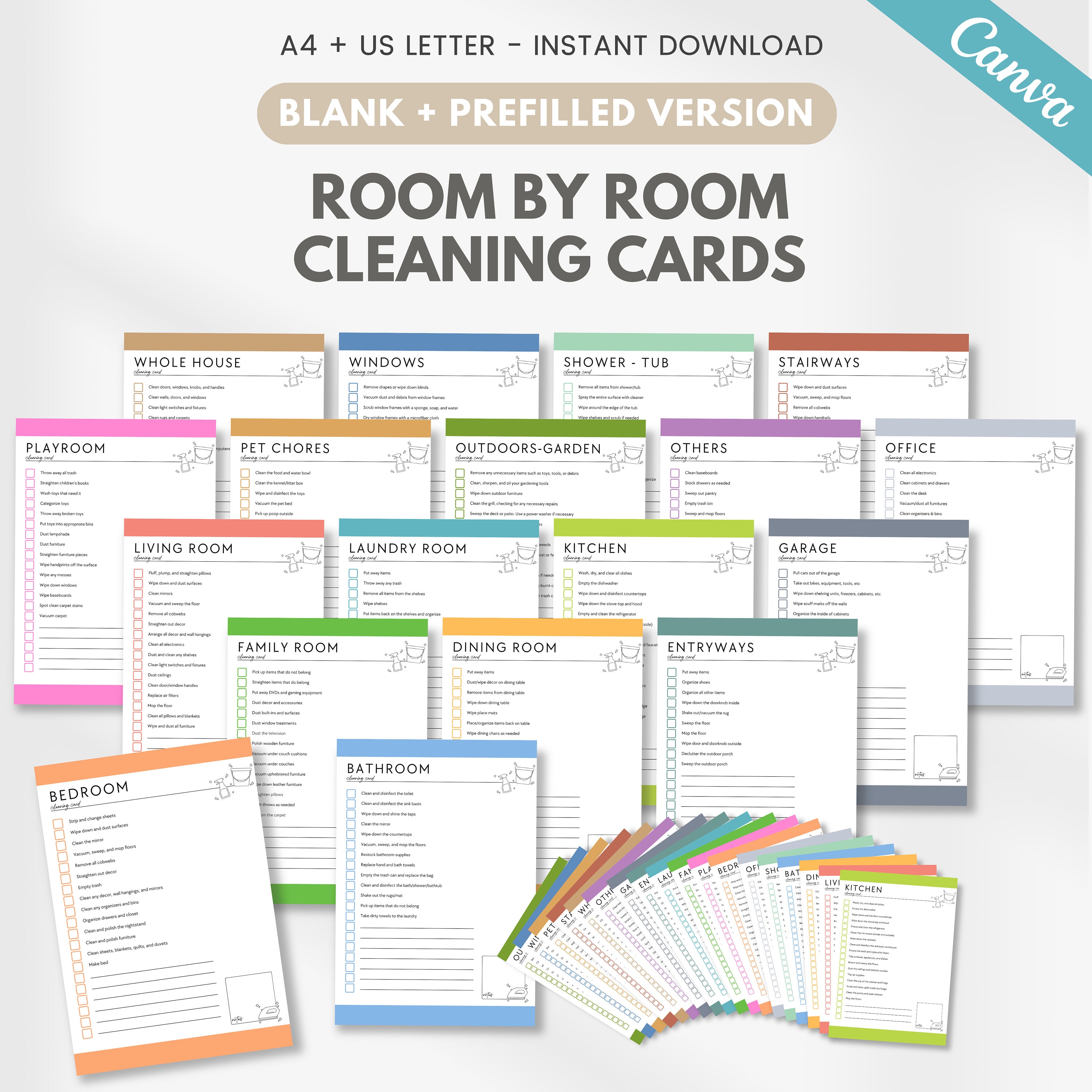 Editable Adhd Cleaning Checklist by Room, Printable Cleaning Cards