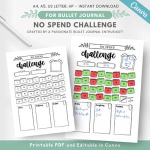 May include: Printable No Spend Challenge calendar for bullet journaling. The calendar is divided into 30 days with red, green, and white squares. The calendar is designed to help people save money by tracking their spending.