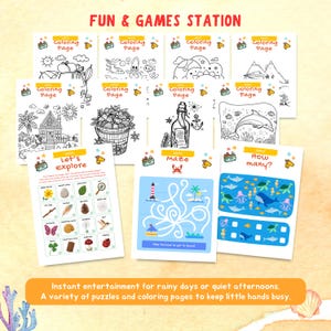 May include: A collection of children's activity pages featuring coloring pages, mazes, and a "Let's Explore" game. The pages have various illustrations, including landscapes, animals, and objects. The text "FUN & GAMES STATION" is at the top.