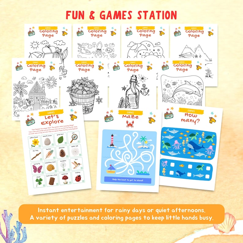 May include: A collection of children's activity pages featuring coloring pages, mazes, and a "Let's Explore" game. The pages have various illustrations, including landscapes, animals, and objects. The text "FUN & GAMES STATION" is at the top.