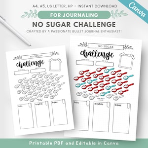 30 days no sugar challenge, printable journal page, sugar free, sugar detox, no sugar diet, food challenge, editable monthly habit tracker