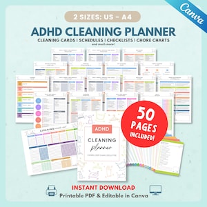ADHD Cleaning Planner for Adults, Executive Dysfunction Cleaning System, ADHD Friendly Cleaning Bundle (PRINTABLE Pdf & Canva Editable)