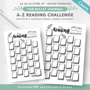 Sfida di lettura dell'alfabeto, sfida di lettura dalla A alla Z, pagina di diario di lettura, inserto per pianificatore di lettura, book tracker, modello di diario modificabile