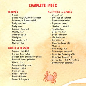 May include: A watercolor-style index page titled "COMPLETE INDEX" with sections for Planner, Chores & Reward, and Activities & Games. Includes a crab illustration. Lists summer-themed activities, checklists, and planning tools.