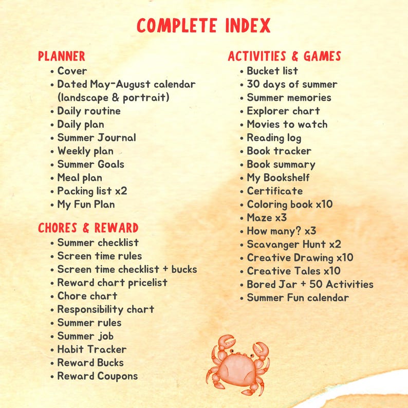 May include: A watercolor-style index page titled "COMPLETE INDEX" with sections for Planner, Chores & Reward, and Activities & Games. Includes a crab illustration. Lists summer-themed activities, checklists, and planning tools.