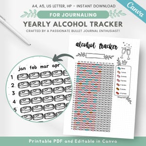 May include: A printable yearly alcohol tracker for journaling. The design includes a detailed chart with space to track daily alcohol consumption, a key for drink levels, and a circular calendar. The text says "Yearly Alcohol Tracker".
