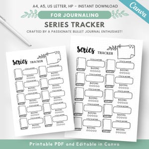 Peut inclure: Deux feuilles imprimables de suivi de séries sur le thème des livres. Chaque feuille comporte des espaces pour le titre, l'auteur et l'évaluation. Le texte comprend "Series Tracker" et "For Journaling". Le design est en noir et blanc avec des éléments décoratifs.