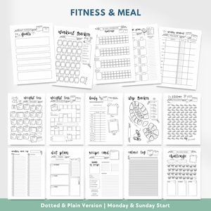 May include: A collection of black and white printable fitness and meal planner pages featuring various trackers, including a workout tracker, weight loss challenge, body measurements, step tracker, meal logs, and recipe cards with text headers.