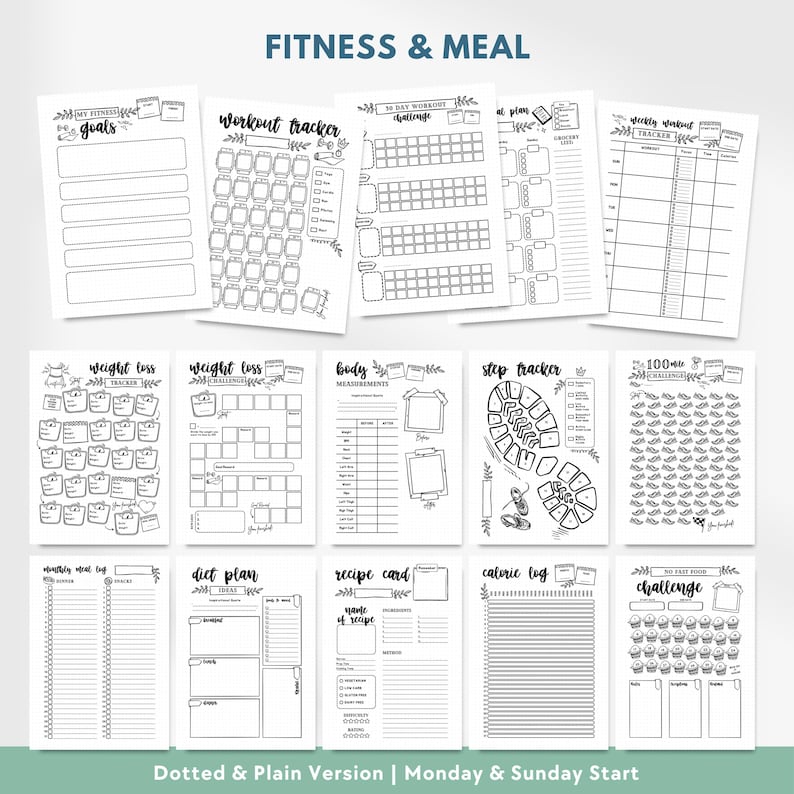 May include: A collection of black and white printable fitness and meal planner pages featuring various trackers, including a workout tracker, weight loss challenge, body measurements, step tracker, meal logs, and recipe cards with text headers.