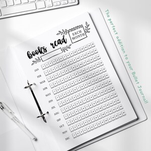 Może przedstawiać: Czarno-biały, drukowany tracker książek do bullet journal. Tracker ma tytuł "przeczytane książki" i miejsce na wpisanie roku. Tracker ma siatkę 15 kwadrat&oacute;w dla każdego miesiąca w roku. Każdy kwadrat reprezentuje przeczytaną książkę.