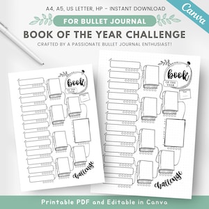 Op de afbeelding: Een afdrukbare zwart-witte boek van het jaar challenge tracker voor bullet journaling. De tracker heeft een lijst met boeken om te lezen en een ruimte om ze te beoordelen. De tekst "Book of the Year Challenge" staat bovenaan de pagina.