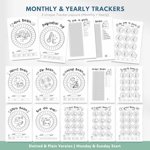May include: A collection of black and white printable monthly and yearly tracker sheets featuring various layouts for mood, temperature, fitness, reading, and habits. Each page includes circular or grid designs with labels like Mood Tracker, Temperature Log, and My Year in Pixels.