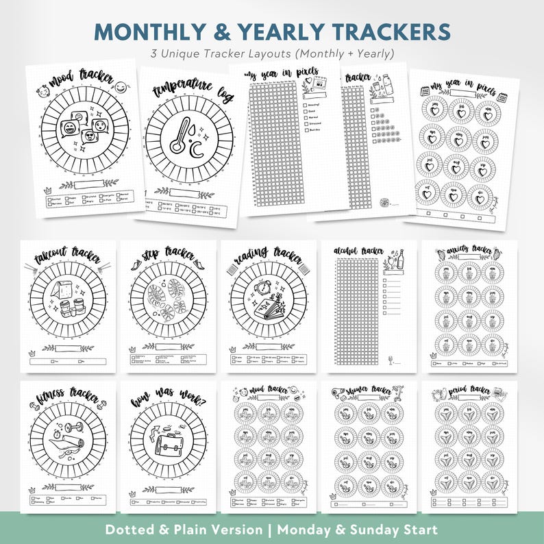 May include: A collection of black and white printable monthly and yearly tracker sheets featuring various layouts for mood, temperature, fitness, reading, and habits. Each page includes circular or grid designs with labels like Mood Tracker, Temperature Log, and My Year in Pixels.