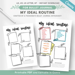 Puede incluir: Página de planificador imprimible con el título "Mi rutina ideal" y espacio para escribir un horario diario. La página está decorada con hojas dibujadas a mano y notas adhesivas.