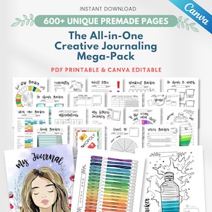 May include: A digital collection of 600+ printable and editable creative journaling pages featuring various trackers, planners, and illustrations. The pack includes templates for fitness, skincare, reading, and daily habits with black and white designs.