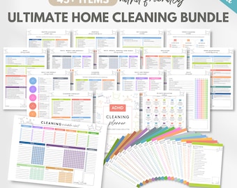 Editable ADHD cleaning checklist, home cleaning planner, printable cleaning bundle, weekly monthly cleaning schedule, Canva template