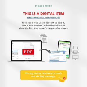 K&ouml;nnte beinhalten: Grafik f&uuml;r digitale Artikel mit dem Text "THIS IS A DIGITAL ITEM" und Gebrauchsanweisungen. Ein Laptop, ein Tablet und ein Drucker sind abgebildet, zusammen mit einem PDF-Symbol und den Worten "Please Note".
