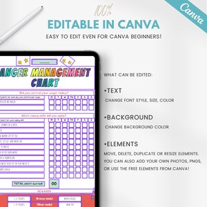 May include: A printable anger management chart for tracking daily progress. The chart includes a section for recording whether the user controlled their anger and a section for recording which coping skills they used. The chart also includes a section for tracking points earned and rewards.