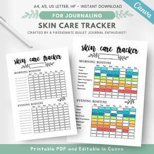 May include: Printable skin care tracker with a colorful grid for tracking daily routines. The tracker includes sections for morning and evening routines, with spaces to list products used and check off days of the week.