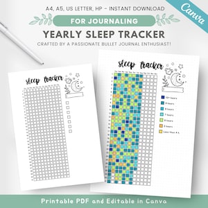 Jaarlijks slaaptracker, afdrukbaar planner-inzetstuk, jaarlijkse pixelstracker, slaaplogboek, slaapanalyse, slaapdagboek, bewerkbare dagboeksjabloon