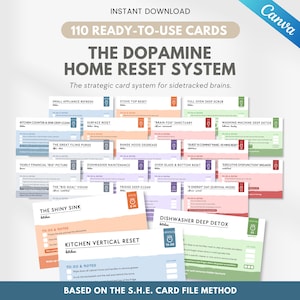 May include: A collection of 110 digital cards titled The Dopamine Home Reset System, featuring various household task lists like Kitchen Vertical Reset and Dishwasher Deep Detox. Each card includes a to-do section, notes, and time estimates.