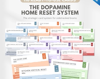 May include: A collection of 110 printable cards titled The Dopamine Home Reset System. Each card features a specific task, such as Kitchen Vertical Reset or Stove Top Reset, with to-do lists, notes, and color-coded sections for home organization.