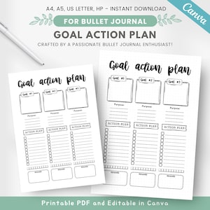 Op de afbeelding: Printbare doel-actieplan sjabloon voor bullet journaling. De sjabloon heeft drie secties voor doelen, met ruimte om het doel, het actieplan en de beloning voor elk doel te schrijven.