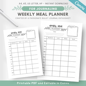 Peut inclure: Deux modèles de planificateur de repas hebdomadaire imprimables avec un fond à pois noir et blanc. Chaque modèle comprend une section pour le petit-déjeuner, le déjeuner, le dîner et la collation. Les modèles sont conçus pour la tenue d'un bullet journal et présentent une police d'écriture de style manuscrit.