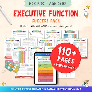Editable ADHD Kids Executive Function, Chore & Behavior Chart bundle - Visual Schedule, Reward System, Time Management, routine checklist