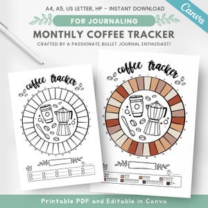 Può includere: Tracker mensile del caffè stampabile con un'illustrazione in bianco e nero di una tazza di caffè, chicchi di caffè e una caffettiera. Il tracker è un cerchio con 31 sezioni, ciascuna rappresentante un giorno del mese. Le sezioni sono colorate in tonalità di marrone e beige. Il tracker è progettato per il bullet journaling.