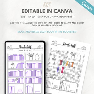 May include: A printable digital planner page featuring a bookshelf with 100 books. The page is editable in Canva and includes instructions to add titles to the books and color them in.