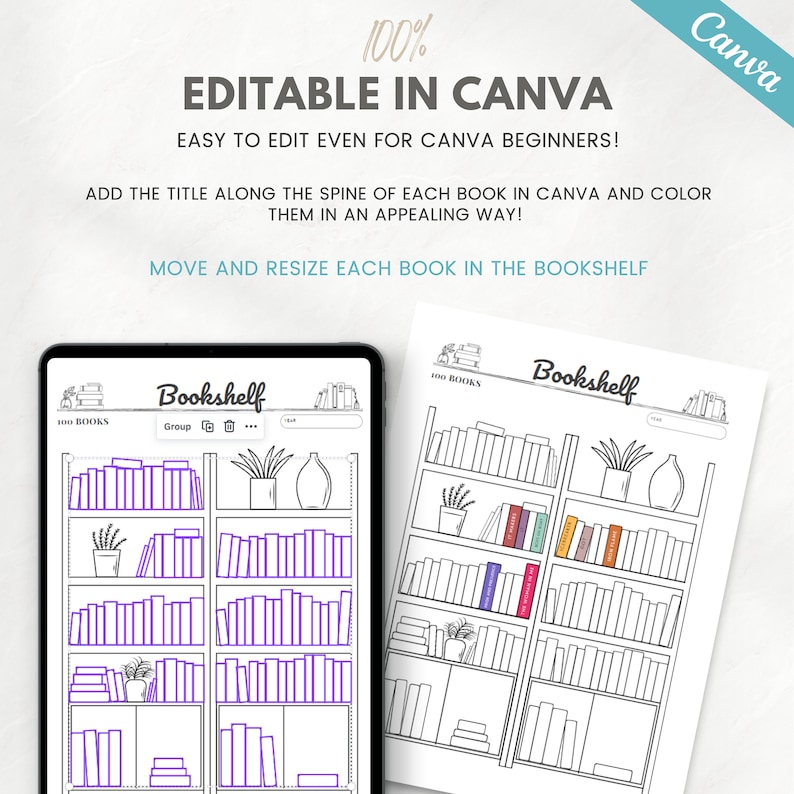 May include: A printable digital planner page featuring a bookshelf with 100 books. The page is editable in Canva and includes instructions to add titles to the books and color them in.