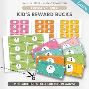 Soldi per mamme completamente modificabili, premi in dollari per i bambini, gettoni per il tempo dello schermo stampabili, coupon ricompensa per i più piccoli, denaro finto, modello Canva