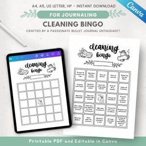 Könnte beinhalten: Ein digitales Reinigungs-Bingo-Spiel, ideal zum Journaling. Das Design zeigt die Worte "Cleaning Bingo" mit einem Raster von Reinigungsaufgaben. Enthält ein Tablet und ein gedrucktes Blatt mit Reinigungsaufgaben.
